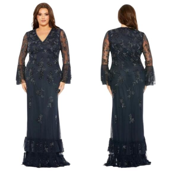 Mac Duggal Dresses & Skirts - Mac Duggal Navy Beaded Mesh Bell Sleeve Tiered Ruffle Hem Evening Gown 16W